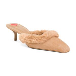 LARROUDE Handmade In Brazil Suede Amal Faux Fur Kitten Heel Mules